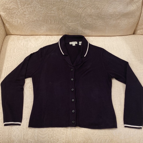 Ann Taylor Black Button Down Cardigan with White Stripes on Collar and Cuffs - Picture 9 of 15